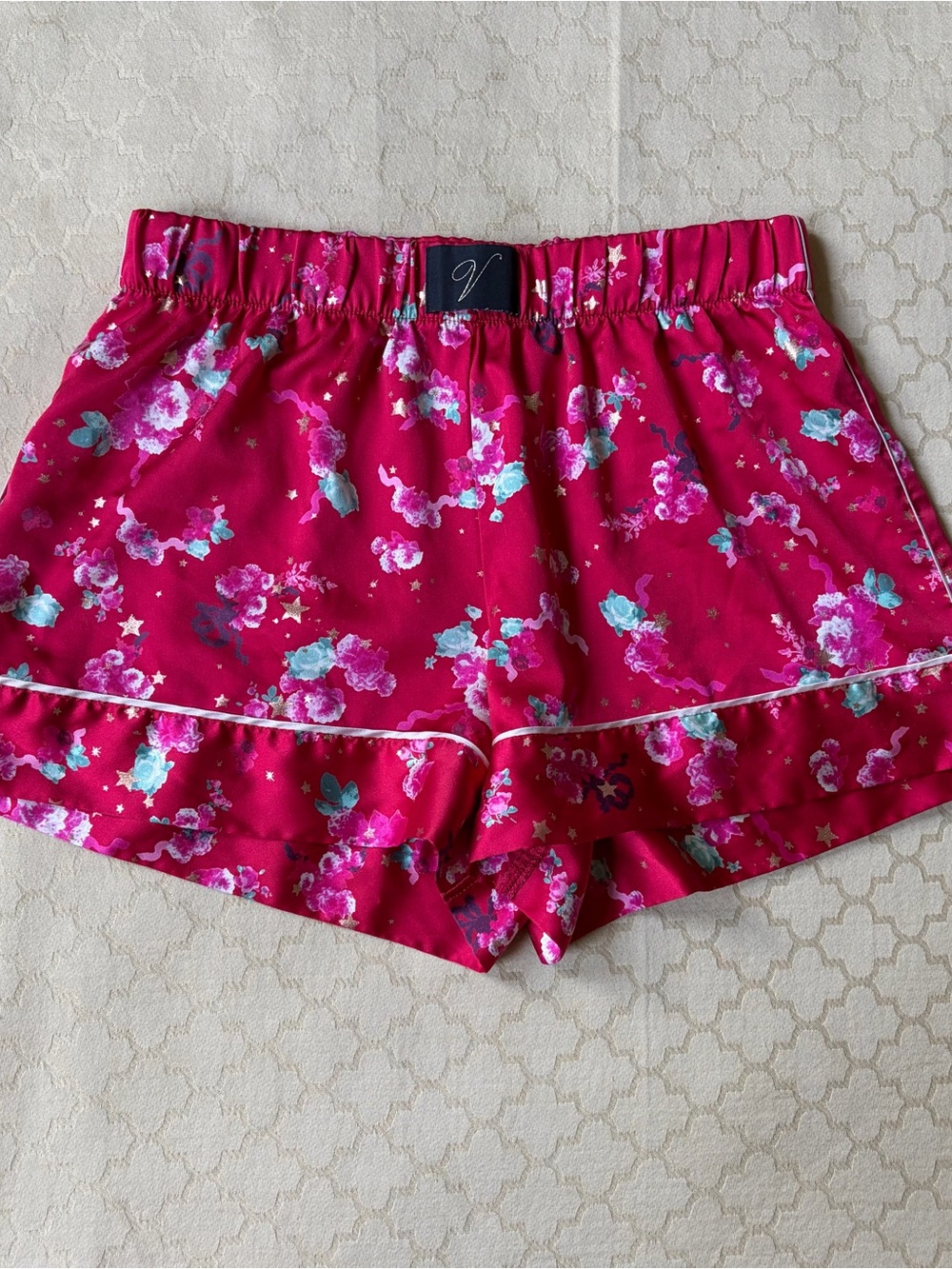 Victorias Secret Red Gold Star Cloud Satin Pajama Sleep Lounge Shorts XS